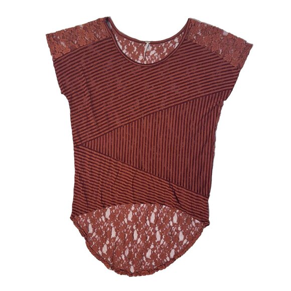 Free People Tunic Top Lace Sheer - Med Burnt Orange Striped High Low Boho - Picture 1 of 5
